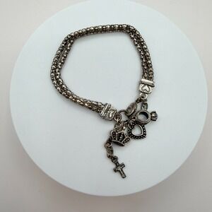 Vintage 90s Silver Tone AB Rhinestone Charm Bracelet Religious Women's Jewelry